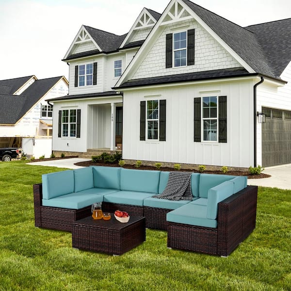 Brown 7-Piece PE Rattan Wicker Outdoor Sectional Set with Removable Thick  Waterproof Durable Teal Blue Cushions