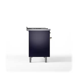 Nostalgie II 48 in. 5 Burner plus Frenchtop plus Griddle Liquid Propane Dual Fuel Range in Midnight Blue with Brass