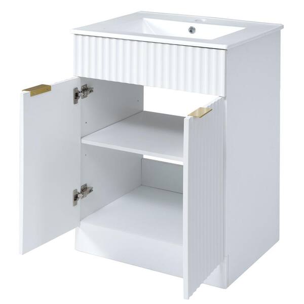 MYCASS 24 in. W x 18.3 in. D x 33.9 in. H Freestanding Storge Bath Vanity in White with 1 White Sink Ceramic Top