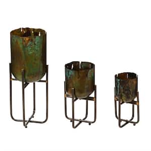 Metallic Patina Planters With Stand (3-Pack)