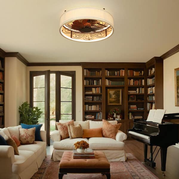 20 in. Modern Indoor Black Low Profile Caged Flush Mount Ceiling Fan Light with Integrated LED with Remote for Bedroom