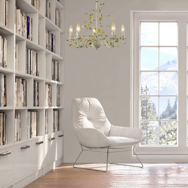 Hanover Rustic Floral 5-Light Chandelier for Hardwire or Plug-In Swag Installation, Antique Cream Frame with Yellow Flowers