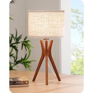 17.5 in. Light Brown Wooden Tripod Transitional Table Lamp with Fabric Beige Shade