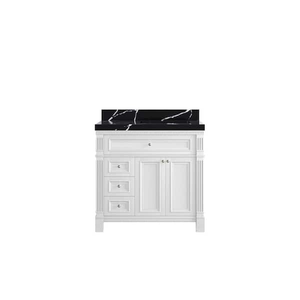 Willow Collections Paris 36 in. Right Offset Sink Freestanding White Bath Vanity with Calacatta Black Qt. Top