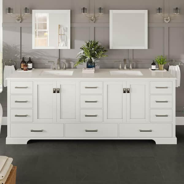 Eviva Storehouse 84 in. W x 22 in. D x 34 in. H Double Sink Freestanding Bath Vanity in White with White Carrara Quartz Top