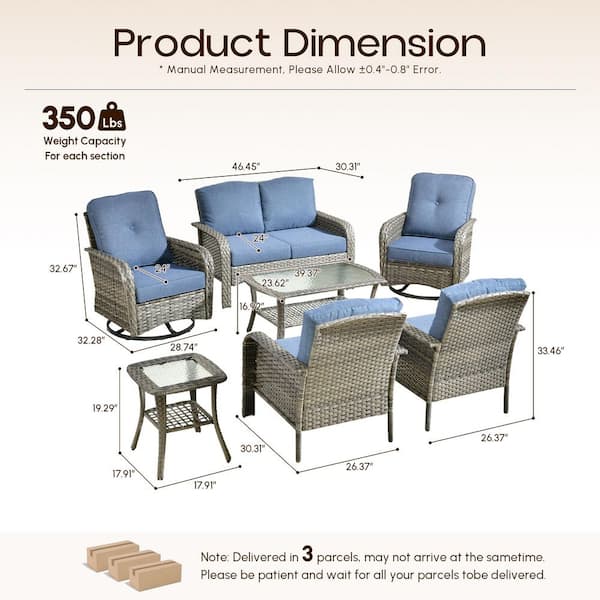 Lily A Gray 7-Piece Wicker Outdoor Patio Conversation Set with Swivel Rocking Chairs and Denim Blue Cushion
