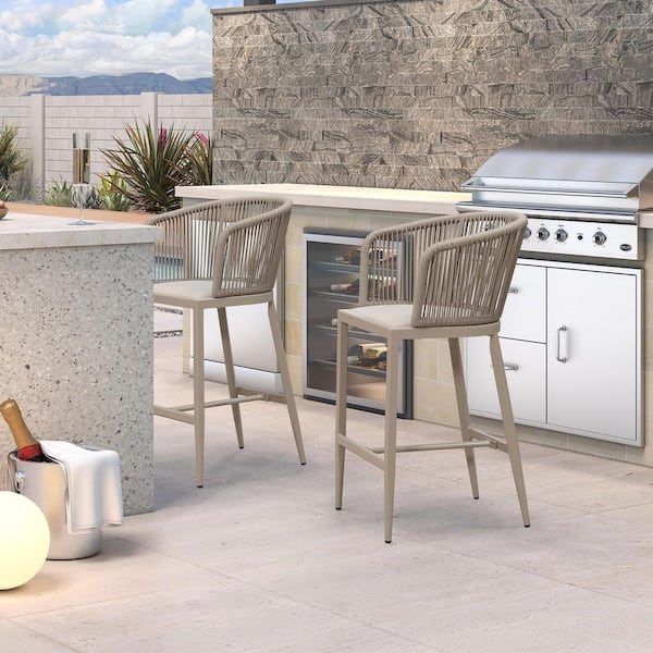 Aluminum Frame Rattan Bar Height Outdoor Bar Stool with Embedded Champagne Cushions and Hollowed Back (2 Pack)
