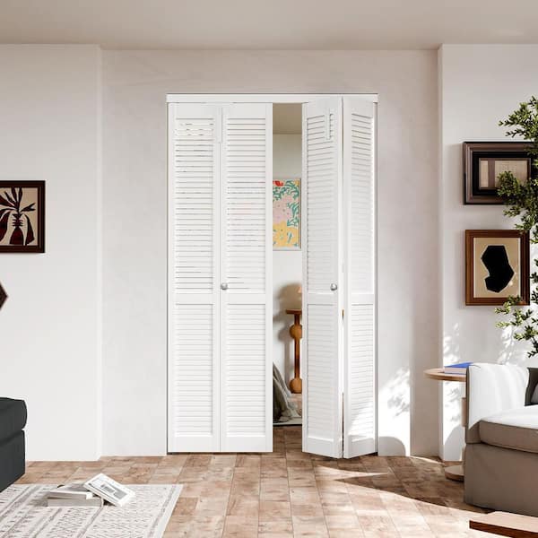 48 in. x 80 in. Full-Panel Louver Solid Core White PVC Covering MDF Wood Bi-fold Door with Locks, Handles and Hardwares