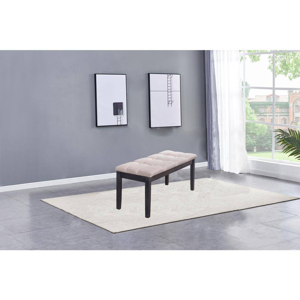 Light Gray Linen Tufted Dining Bench with Dark Wood Frame