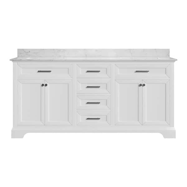 72 in. W Double Sink Freestanding White Wood Bath Vanity with White Engineered Marble Top (Assembled)