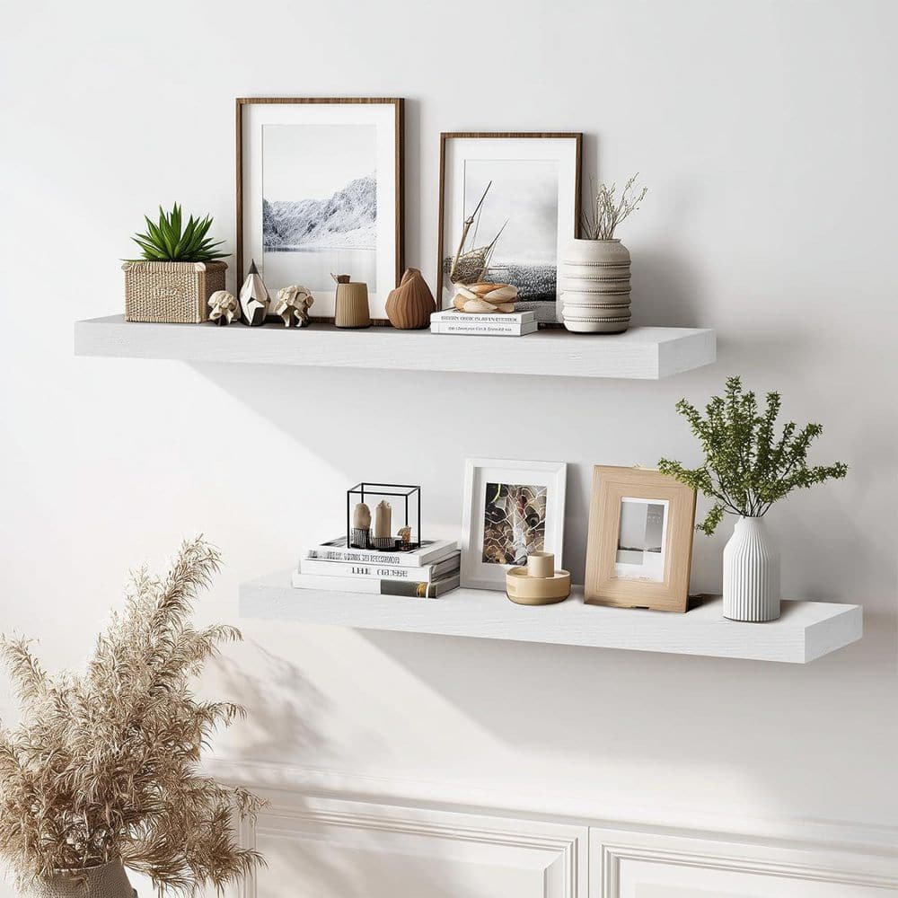 36 in. W x 8 in. D White Wood Floating Shelves for Wall (Set of 2 ...