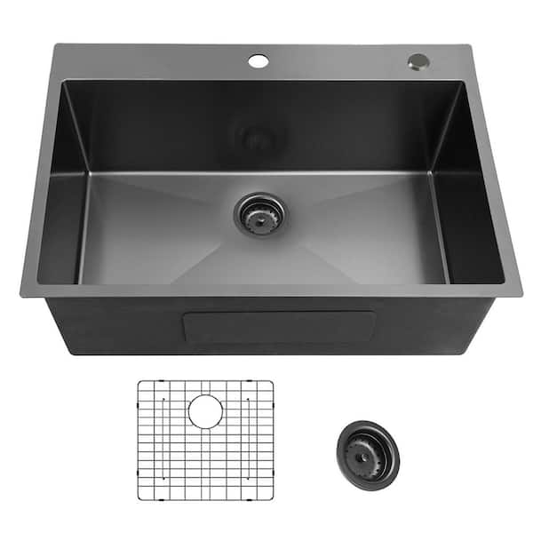 25 in. Drop-In Single Bowl 18 Gauge Gunmetal Black Stainless Steel Kitchen Sink with Bottom Grids