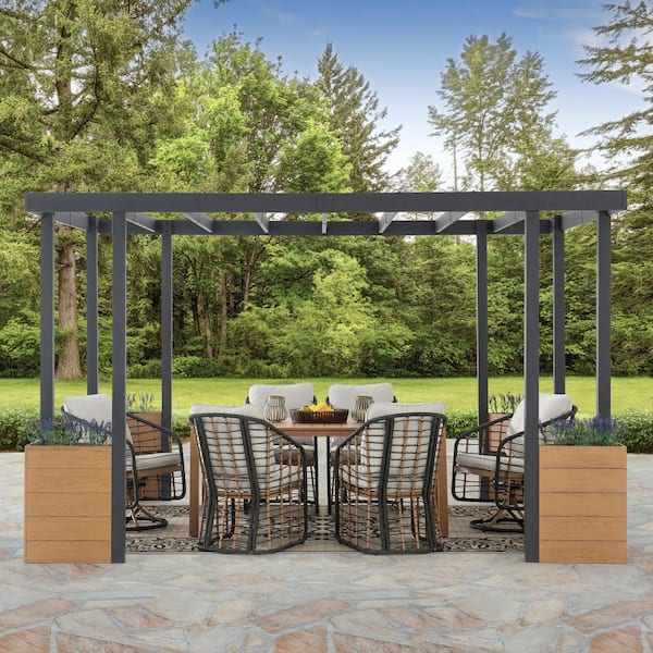 Marbella Outdoor Patio 10 ft. x 12 ft. Black Steel Frame Pergola with Planters for Lawn and Backyard