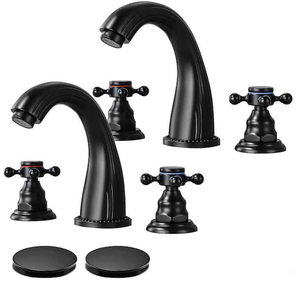 Double Handles 8 in. Widespread Bathroom Faucet 3-Hole Sink Faucet with Pop-Up Drain in Matte Black (2-Pack)
