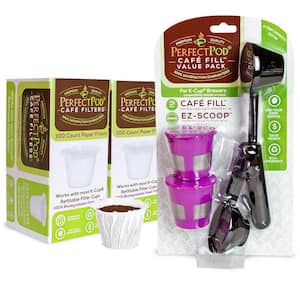 Cafe Fill Value Pack with 2 Reusable K-Cup Pods +200 Cafe Filters Coffee Filters + EZ-Scoop Integrated Scoop with Funnel