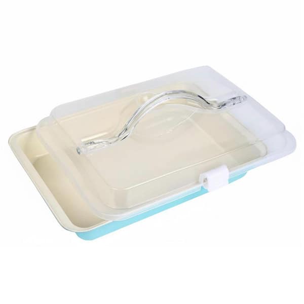 1-Piece Blue Beige Nonstick Cake Carrier Set with Locking Lid and Handle, Deep Oblong Bakeware for Travel