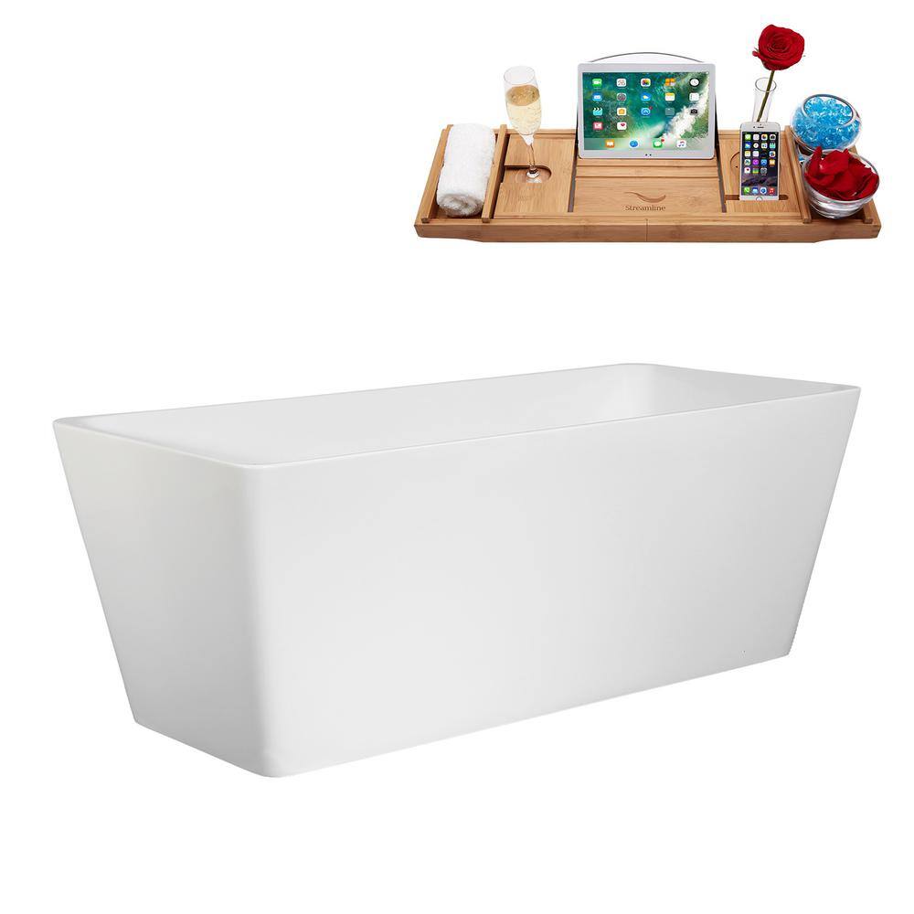 59" Glossy White Acrylic Freestanding Soaking Bathtub with Bamboo Tray
