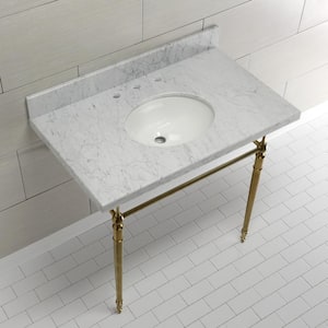 Edwardian 36 in. Console Sink with Brass Legs (8 in., 3 Hole) in Marble White/Brushed Brass