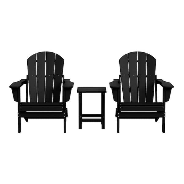 Laguna 3-Piece Fade Resistant Outdoor Patio HDPE Poly Plastic Folding Adirondack Chair Set with Side Table in Black