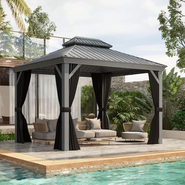 10 ft. x 12 ft. Light Gray Aluminum Power-Coated Frame Galvanized Steel Double Roof Hardtop Gazebo,Hooks Netting Curtain