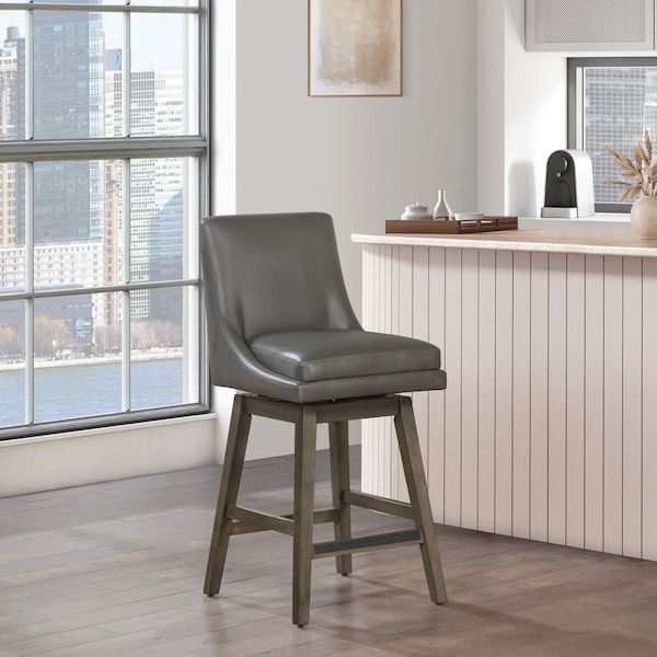 Allingham 27 in. Swivel Counter Stool with Grey Legs in Pewter Faux Leather