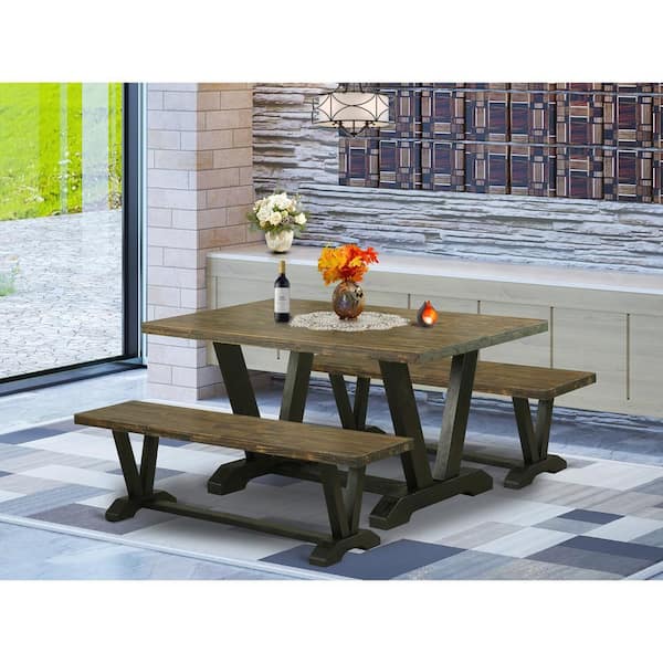 East West Furniture 3-Piece Rectangle Distressed Jacobean Finish Solid Wood Top Dining Table with 2-Benches with Backless