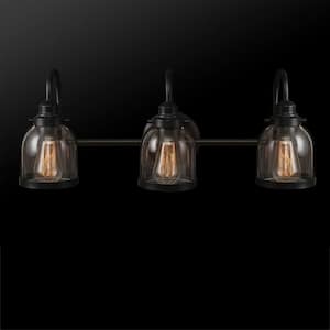 Devonport 24 in. 3-Light Matte Black Vanity Light with Clear Glass Shades, 4-Piece Bathroom Accessory Set Included