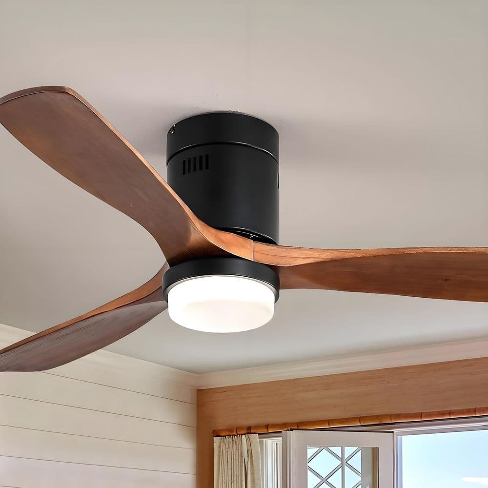CACI Mall 52 in. Indoor Black Flush Mount Wood Ceiling Fan with Light, Adjustable White Integrated LED and Remote Included MR-52144-BKHTM