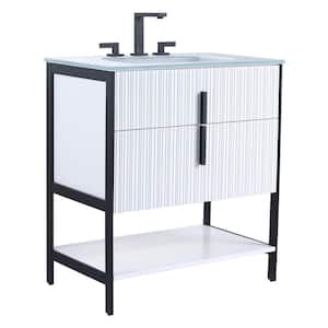 30 in. W x 18 in. D x 33.5 in. H Bath Vanity in White Matte with Glass Vanity Top in White With Black Hardware