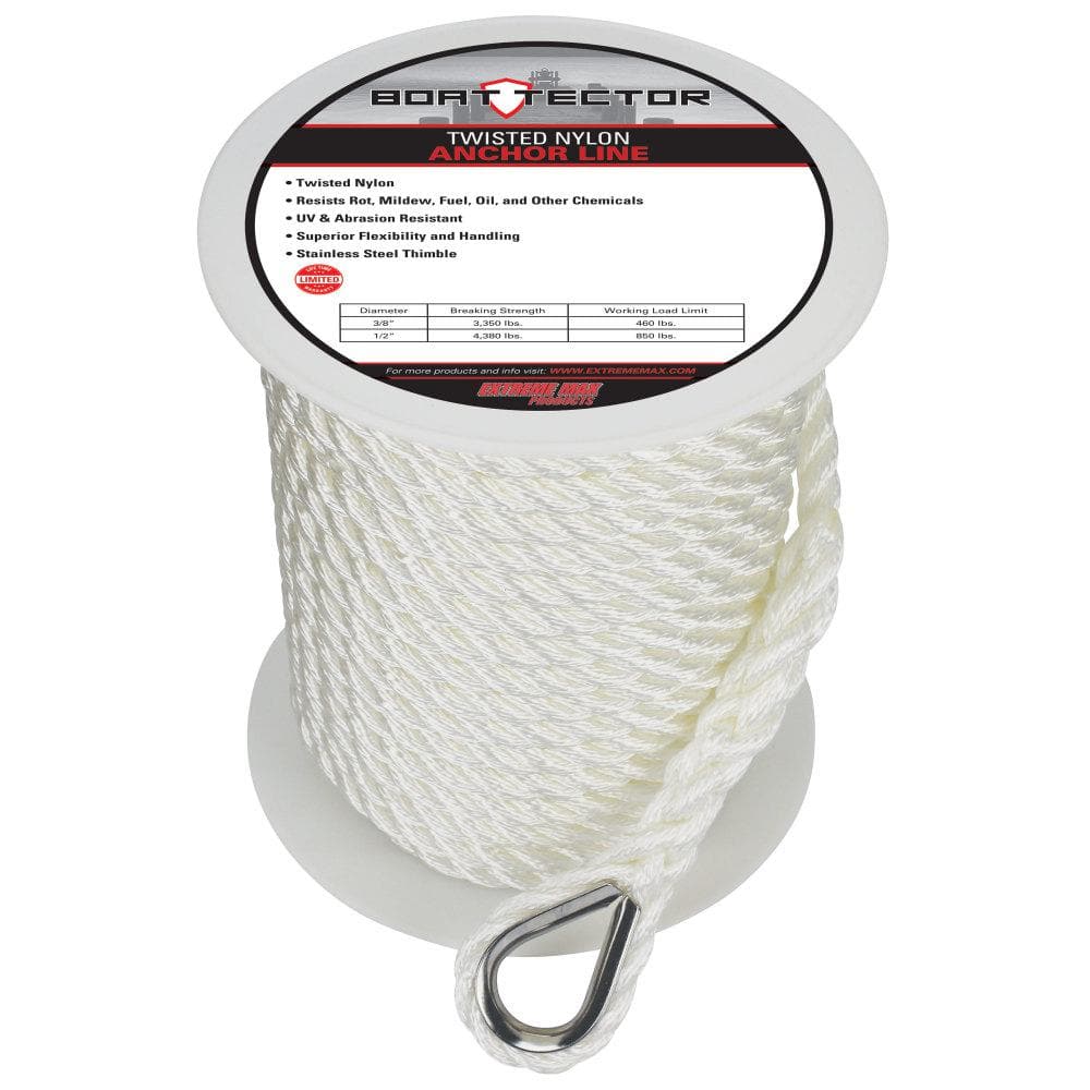 Extreme Max BoatTector Twisted Nylon Anchor Line with Thimble - 1/2 in. x 100 ft. White
