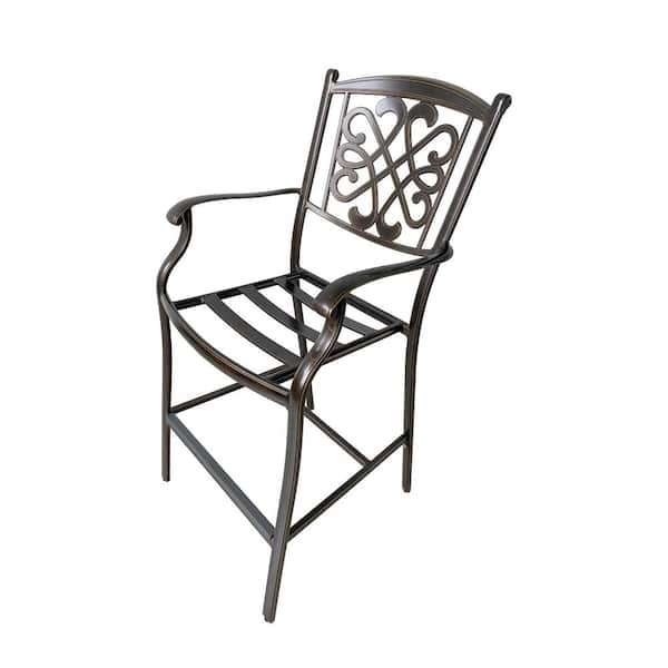 Regal Haven Cast Aluminum Outdoor Bar Stool Flower-Shaped Backrest Bar Height Dining Chair with Beige Cushion (Set of 4)