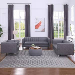 Minimalist 3-Piece Gray Faux Leather Living Room Set Armchair Loveseat and Sofa with Channel Backrest