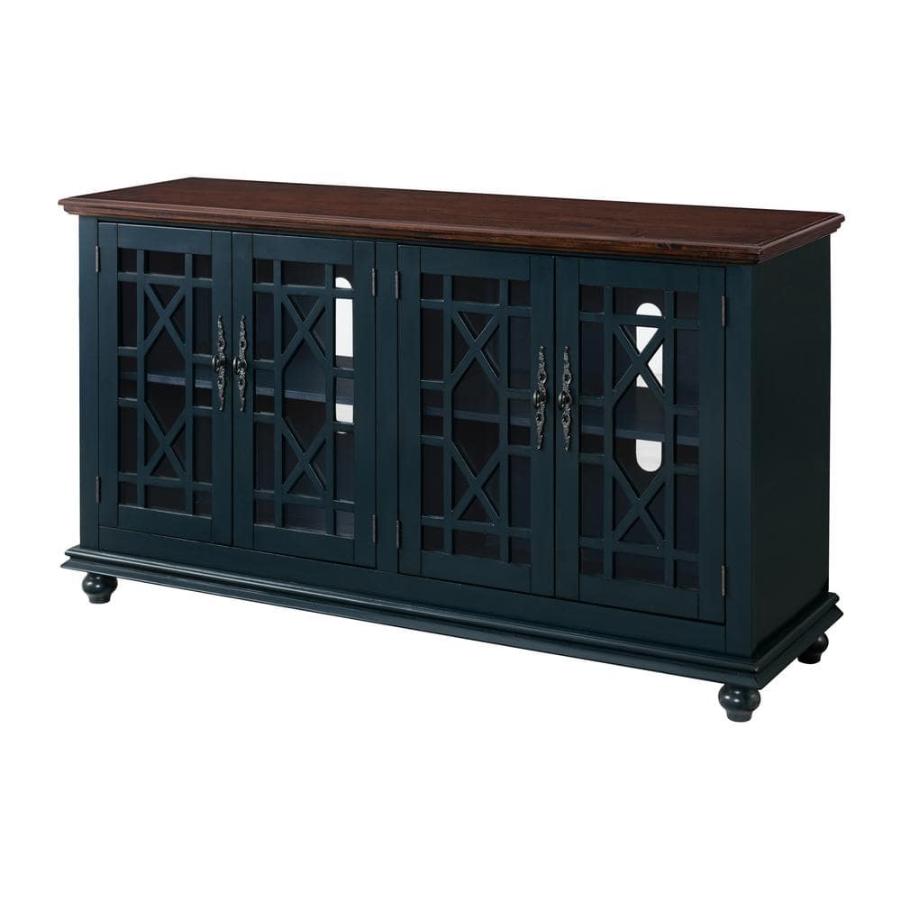 Antique Blue and Walnut 63" TV Stand with Cabinets