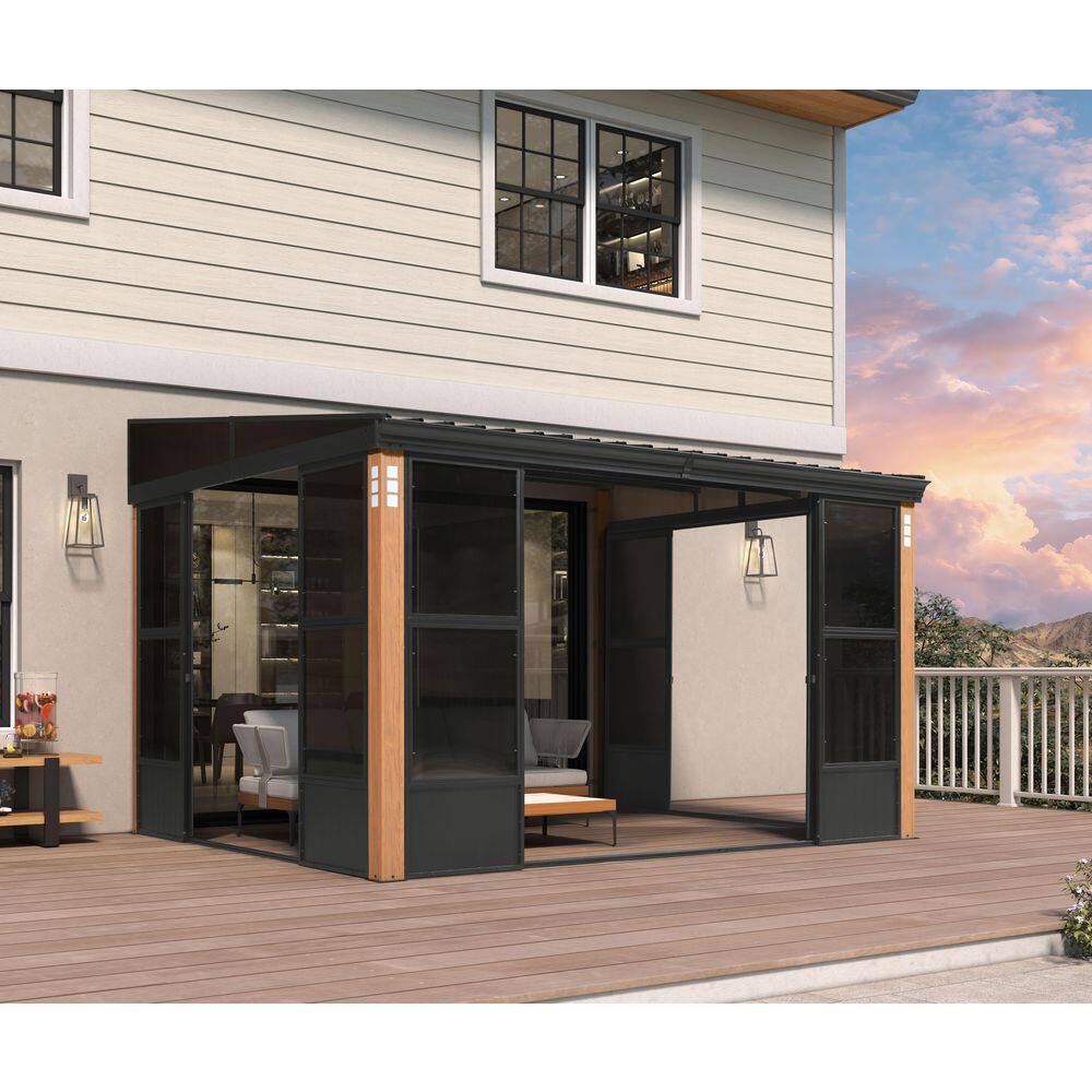 10 ft. x 12 ft. Gray Wall Mounted Sunroom Solarium with PC Screen Outdoor Hardtop Gazebo with 3-Side Sliding Doors price history on PriceWatchPro