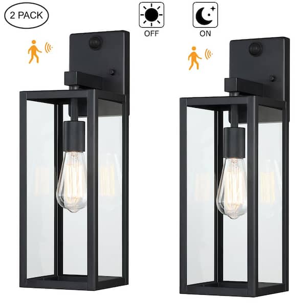 Hukoro Martin 18.8 in.Matte Black Motion Sensor Dusk to Dawn Outdoor Hardwired Wall Lantern Scone w/ No Bulbs Included (2-Pack)