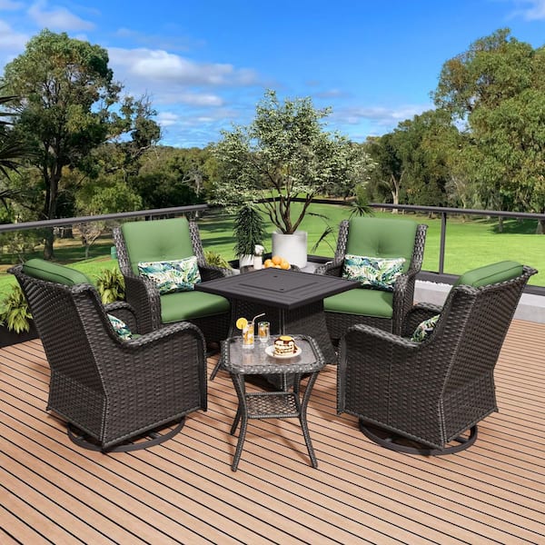 JOYSIDE 6-Piece Wicker Patio Conversation Set with All-Weather Swivel Rocking Chairs Green Cushions