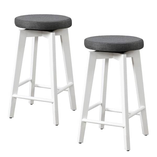 LuXeo Serena 24 in. White Leg Backless Wood Counter Stool with Gray Fabric Seat, Set of 2