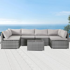 7-Pieces Gray Wicker Outdoor Sectional Set with Gray Cushions and Coffee Table