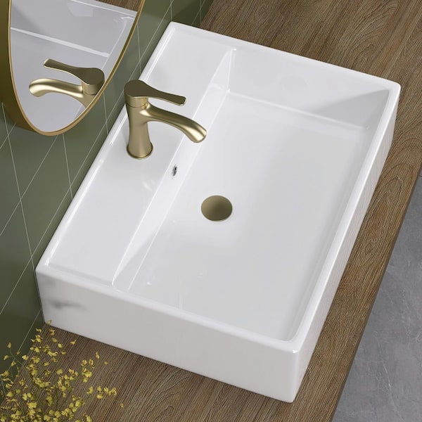 22.5 in. L x 6.3 in. D White Ceramic Rectangular Wall-Mount Install or On Countertop Bathroom Sink Vessel with Overflow