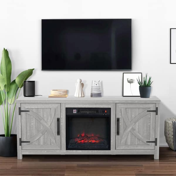 Farmhouse 58 in. Freestanding Media Console Electric Fireplace TV Stand in Light Gray