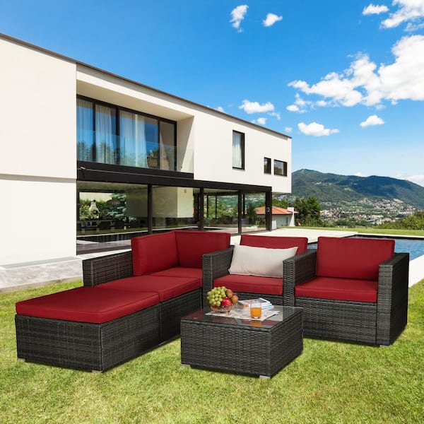 GOSHADOW Gray 6-Piece PE Rattan Wicker Patio Conversation Sectional Seating Set with Red Cushions with 1 Beige Pillow
