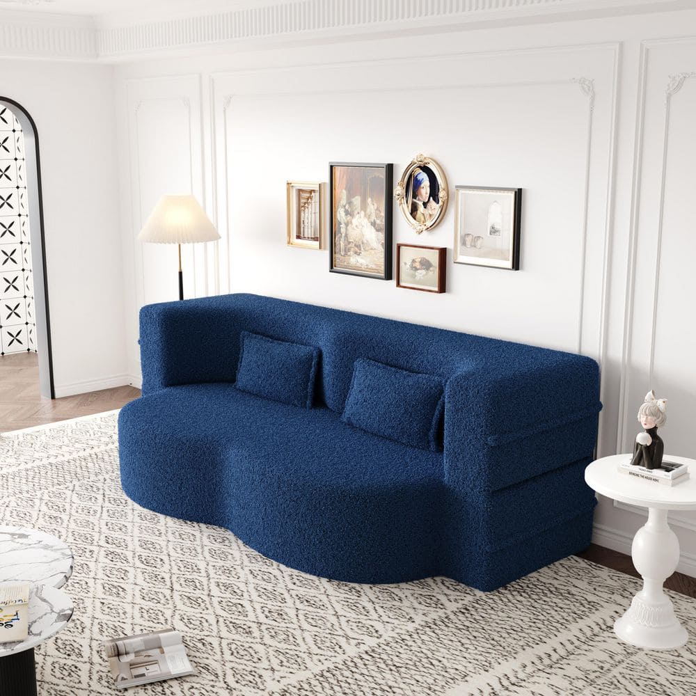 78 in. W Blue Teddy Fabric Full Size Sofa Bed with 2 Pillows , Boneless Sofa Bed price history on PriceWatchPro