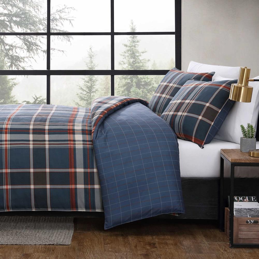 Navy Blue Plaid Microfiber Full/Queen Duvet Cover Set