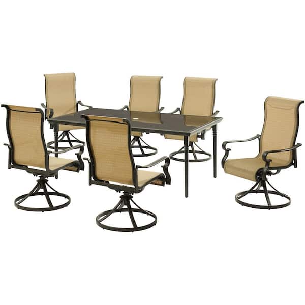 Cambridge Hammond 7-Piece Dining Set with a 40 in. x 70 in. Glass-Top Dining Table and 6 Sling Swivel Rockers