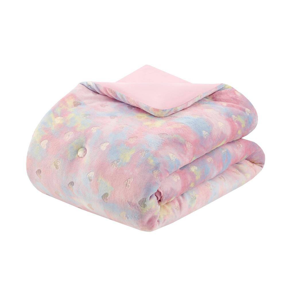 Twin Pink Multi/Gold Microfiber Plush Comforter Set with Hearts