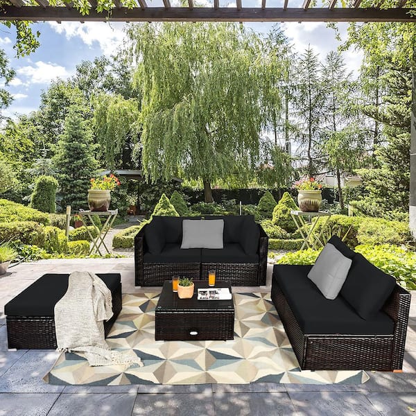 6-Piece Plastic Wicker Outdoor Sectional Set with CushionGuard in Black Cushions Patio Rattan Furniture Set