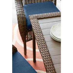 Cambridge 7-Piece Brown Wicker Outdoor Patio Dining Set with CushionGuard Midnight Navy Blue Cushions
