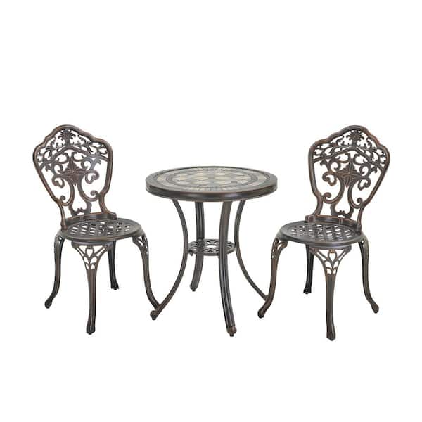 Kadehome Bronze Frame 3-Piece Cast Aluminum Round Table Bar Height Outdoor Bistro Set