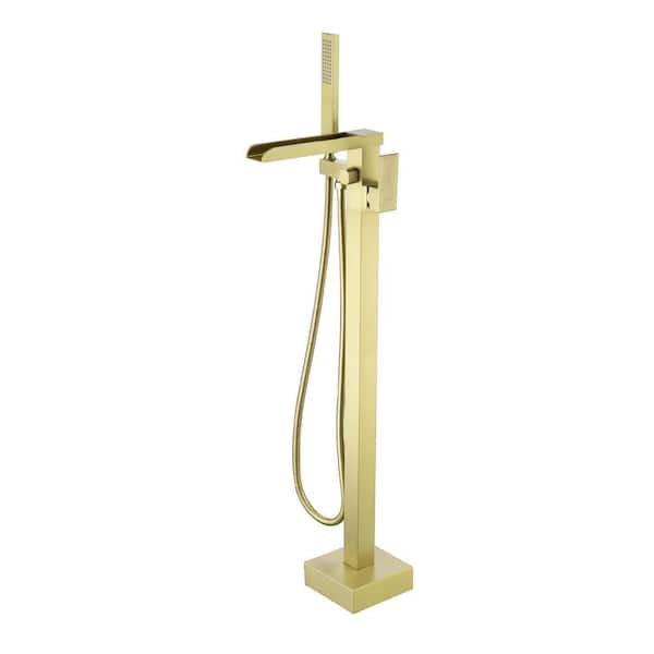 Single Handle Freestanding Floor Mount Tub Faucet with Hand Shower in Brushed Gold