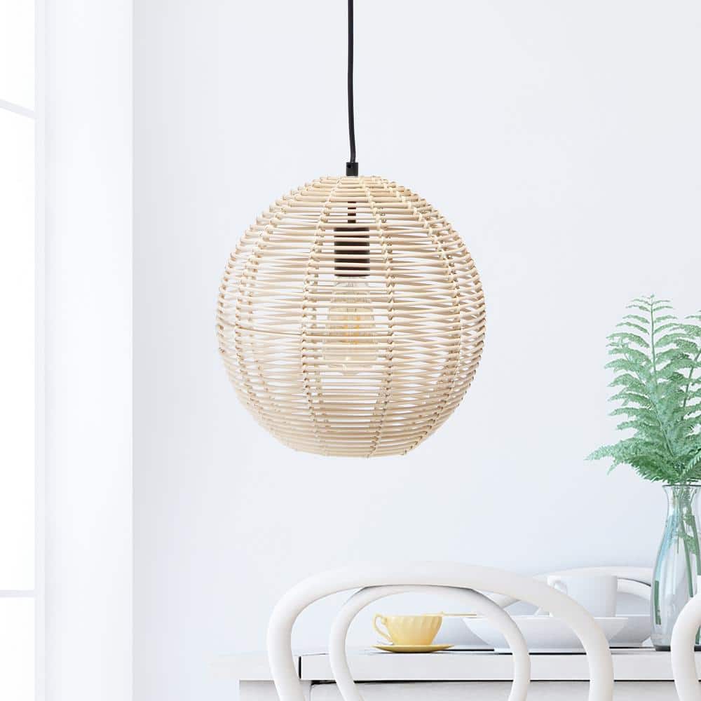 Natural Rattan Globe Pendant Ceiling Light with Brass Canopy